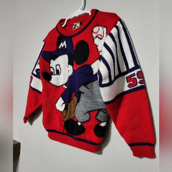 Vintage Disney Mickey Mouse Baseball Knit Red Sweater Kid's Size 4/5